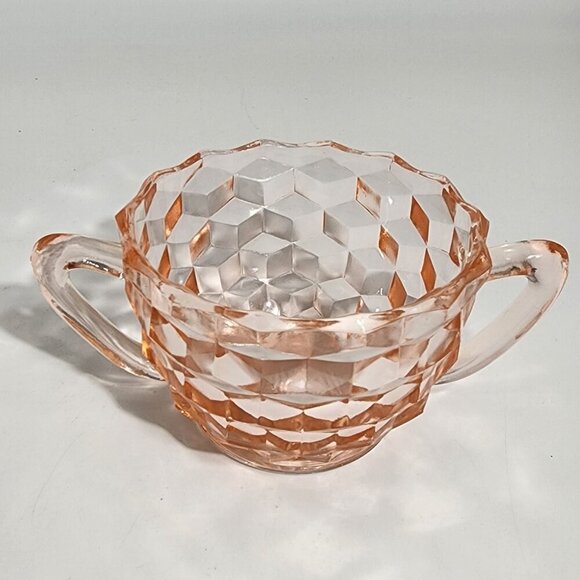 Pink Depression Glass Creamer Sugar Bowl Set Diamond Pattern Handles - Picture 3 of 10